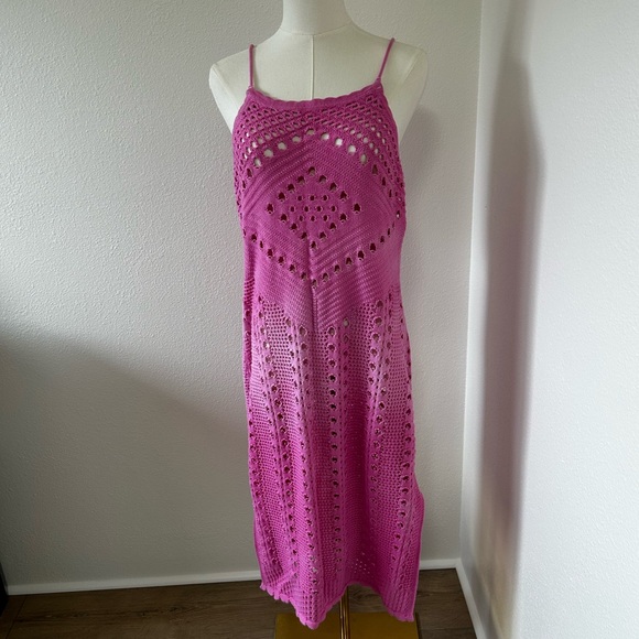 aerie Dresses & Skirts - Aerie Bright Pink Crochet Cover-up Dress